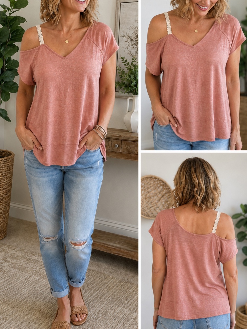 🟠NWT! KORI Asymmetrical Short Sleeve Boho Top in Dusty Rose LARGE